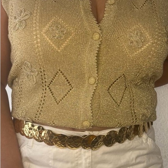 Vintage CRICKET LANE Metallic Gold Fancy Vest PM Petite Cardigan Sweater Jersey - Picture 10 of 17